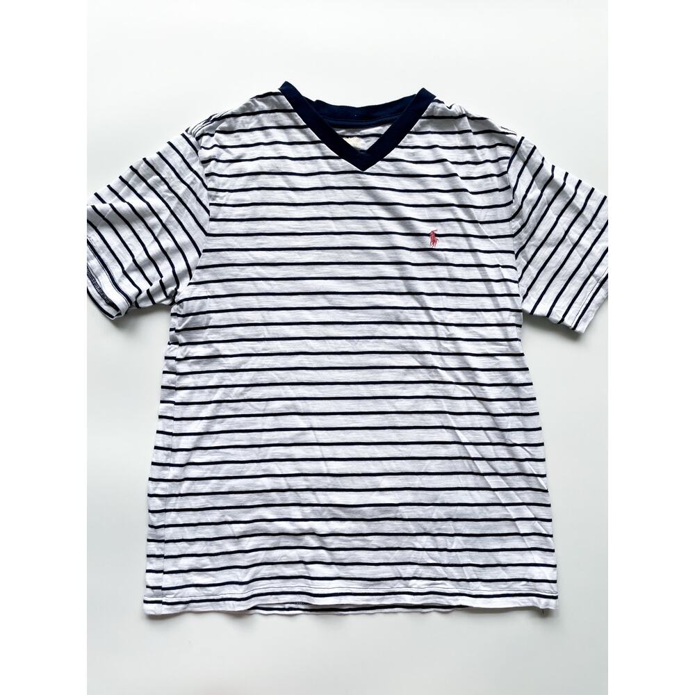 Boy's Ralph Lauren Navy and White Stripe V-Neck T-Shirt Size 14/16